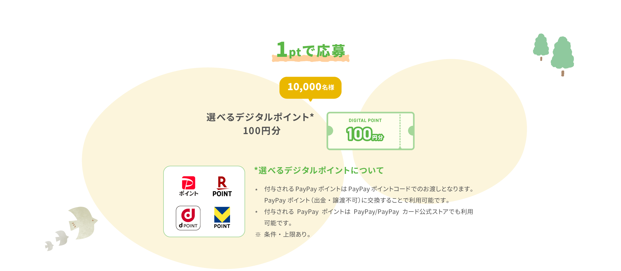 1ptで応募 10,000名様 選べるデジタルポイント* 100円分 選べるデジタルポイントについて 付与されるPayPayポイントはPayPayポイントコードでのお渡しとなります。PayPayポイント（出金・譲渡不可）に交換することで利用可能です。付与されるPayPayポイントはPayPay/PayPayカード公式ストアでも利用可能です。条件・上限あり。