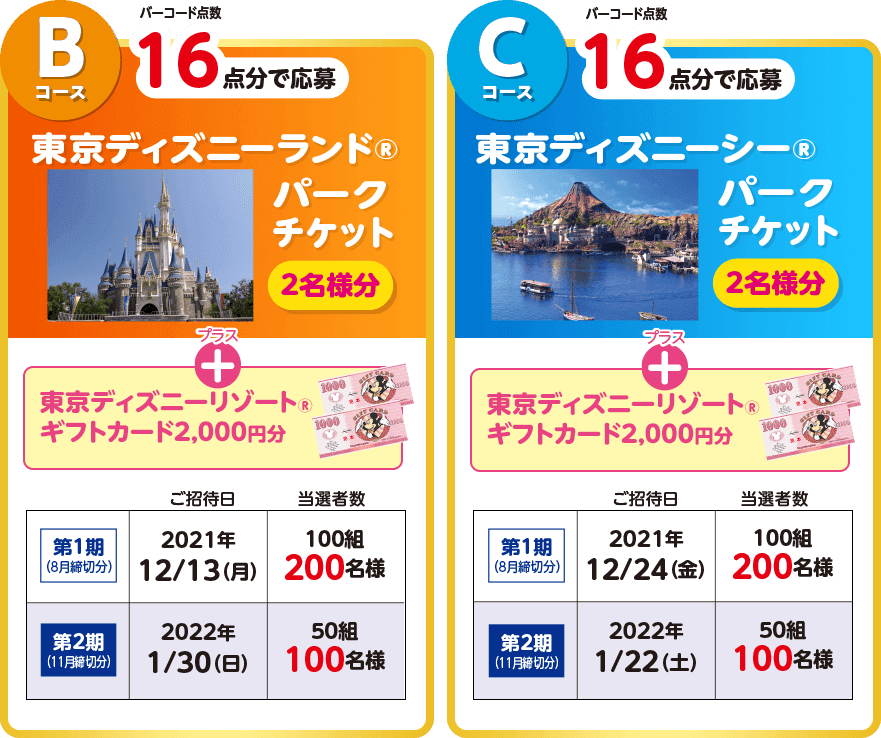 Bコース：東京ディズニーランドⓇ パークチケット / Cコース：東京ディズニーシーⓇ パークチケット