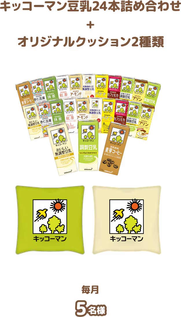 キッコーマン豆乳24本詰め合わせ+オリジナルクッション2種類