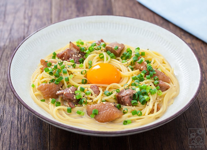 焼き鳥缶と豆乳の冷製クリーミーパスタ