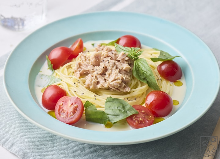 バジル香るツナとトマトの<br>冷製豆乳スープパスタ